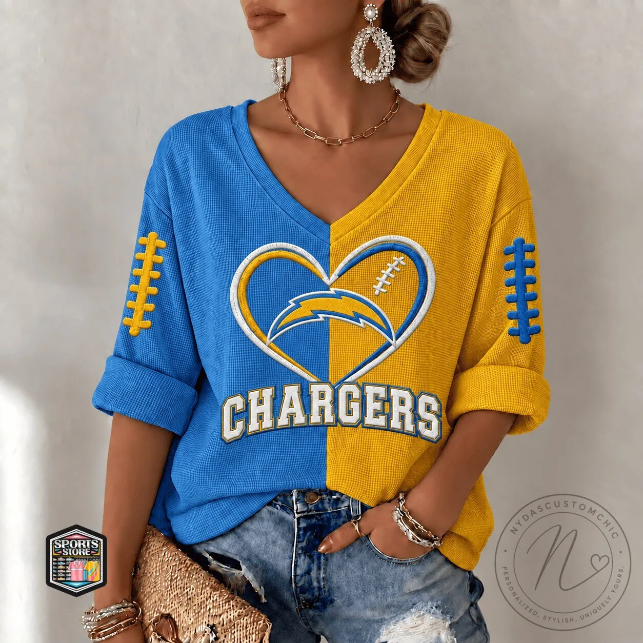 Los Angeles Chargers Two-Tone Embroidered Heart Football T-Shirt