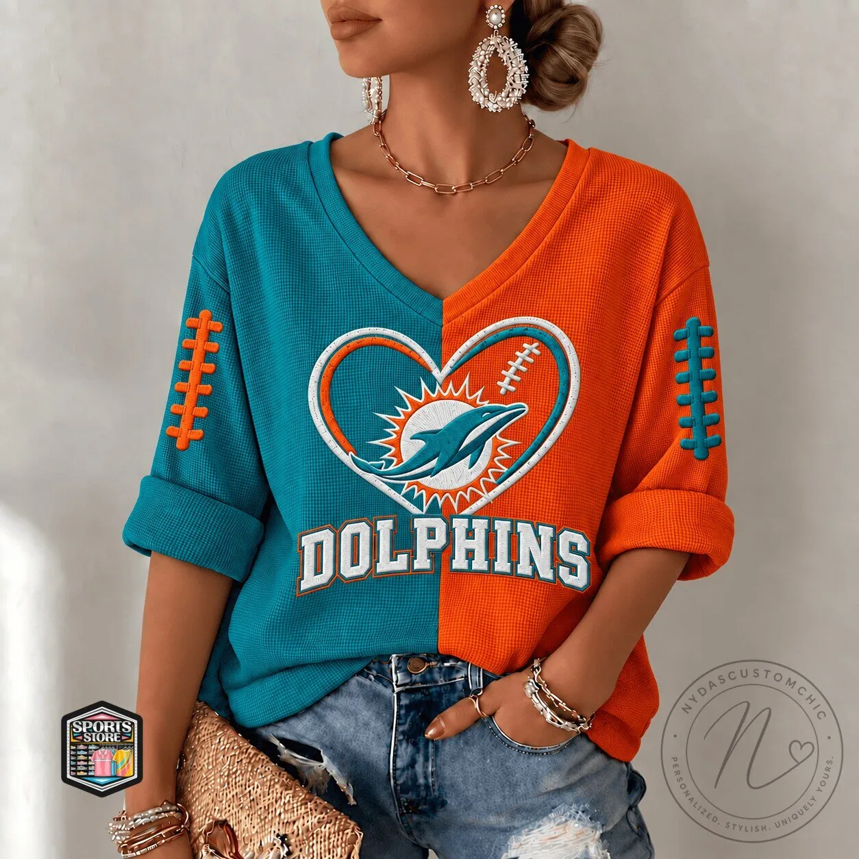 Miami Dolphins Heart Logo Split Color V-Neck Long Sleeve Shirt