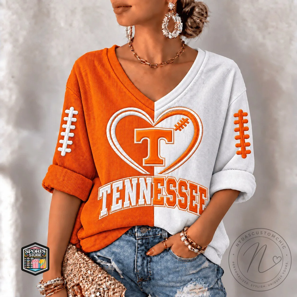 Tennessee Volunteers Football Heart Women's V-Neck Long-Sleeve Shirt 2 Tennessee Volunteers Football Heart Women's V-Neck Long-Sleeve Shirt