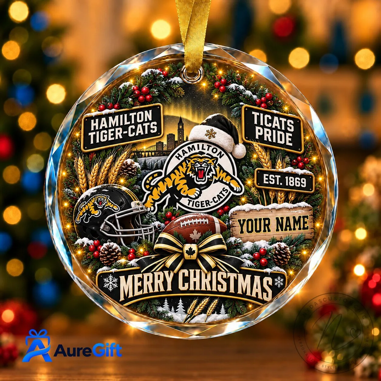 Hamilton Tiger-Cats Canadian Football League Christmas Personalized Glass Ornament