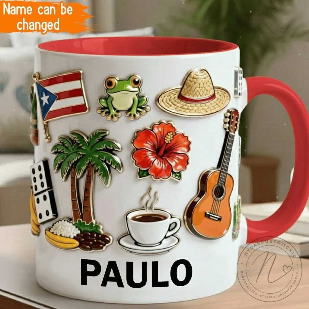 Personalized Puerto Rico Flag Frog Straw Hat Guitar Coffee Mug