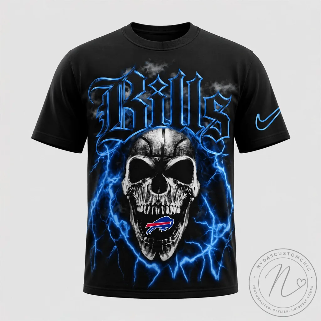 Black Short Sleeve T-Shirt with Buffalo Bills Skull Lightning Graphic Black Short Sleeve T-Shirt with Buffalo Bills Skull Lightning Graphic