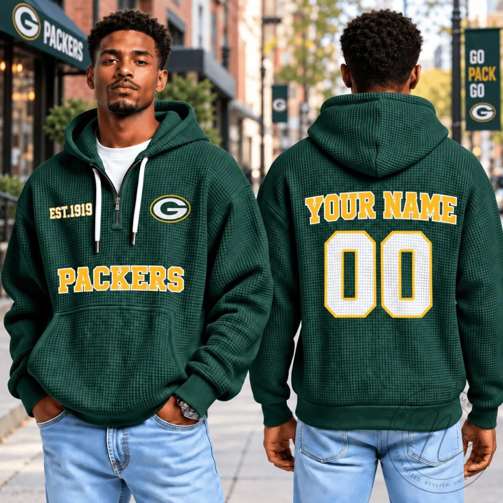 Green Bay Packers Custom Name and Number Quarter Zip Hoodie for Football Fans Green Bay Packers Custom Name and Number Quarter Zip Hoodie for Football Fans