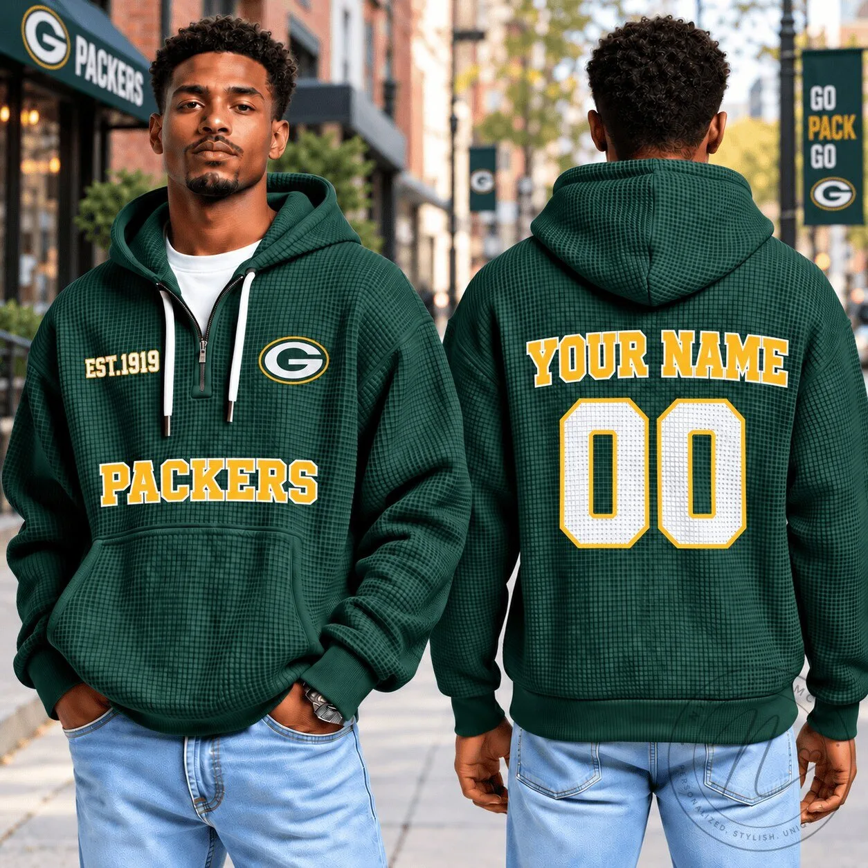Green Bay Packers Custom Name and Number Quarter Zip Hoodie for Football Fans