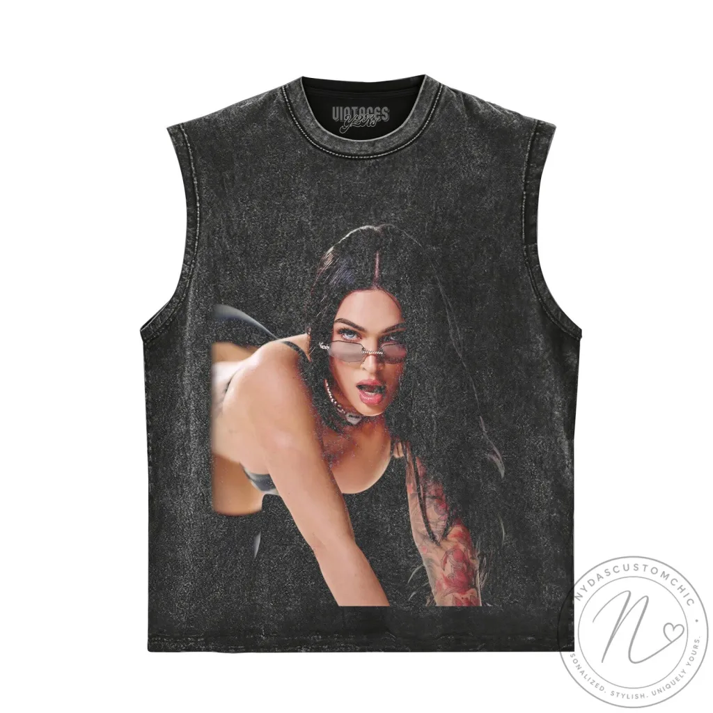 Megan Fox Iconic Pose Black Washed Tank Top for Women Megan Fox Iconic Pose Black Washed Tank Top for Women