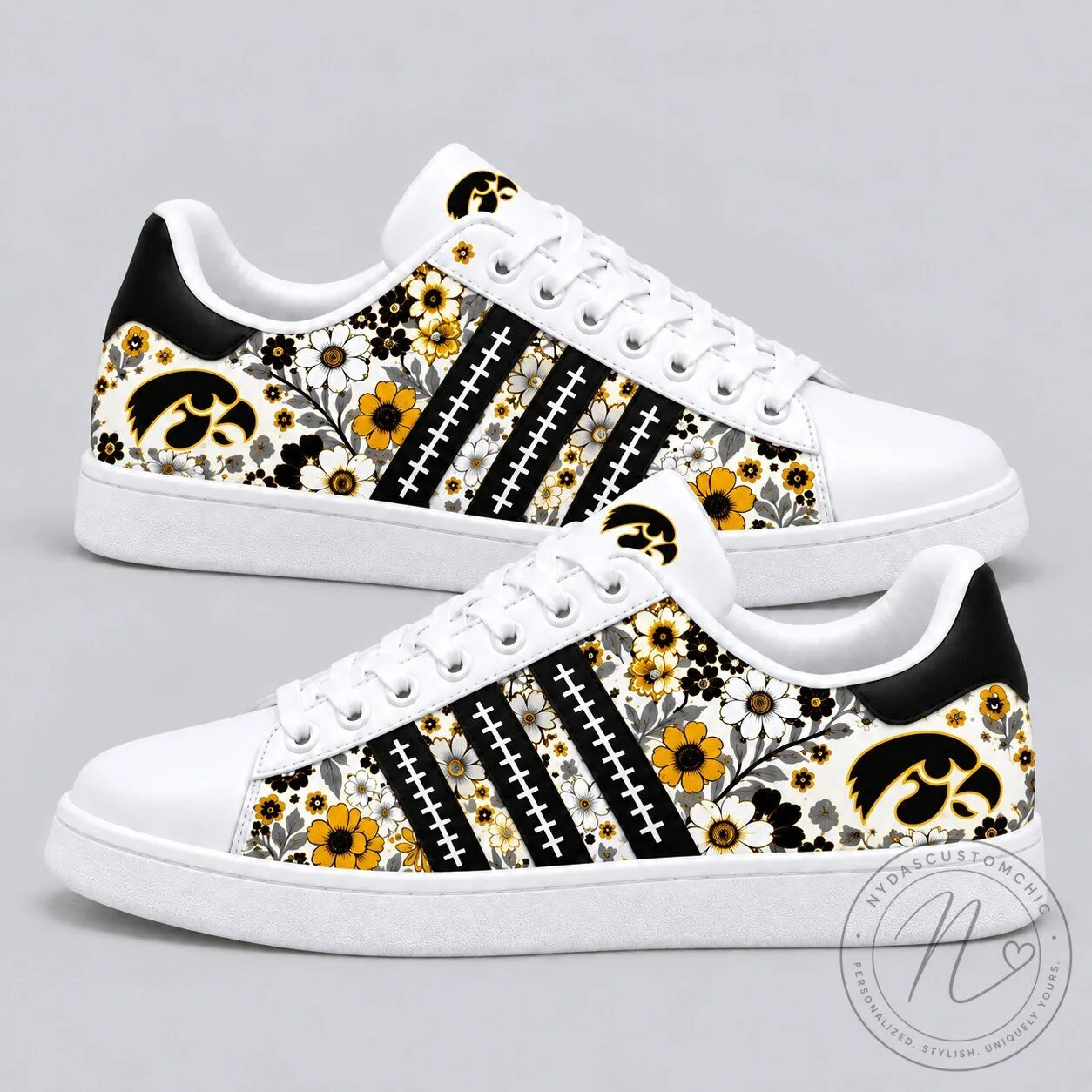 Iowa Hawkeyes Floral Pattern Black and Gold NCAA Team Spirit Shoes