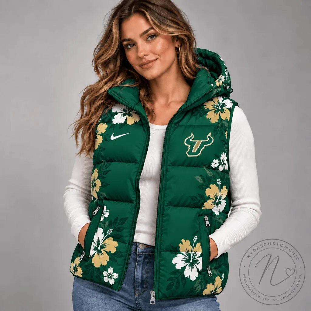 South Florida Bulls Floral Print Hooded Puffer Vest for Women South Florida Bulls Floral Print Hooded Puffer Vest for Women