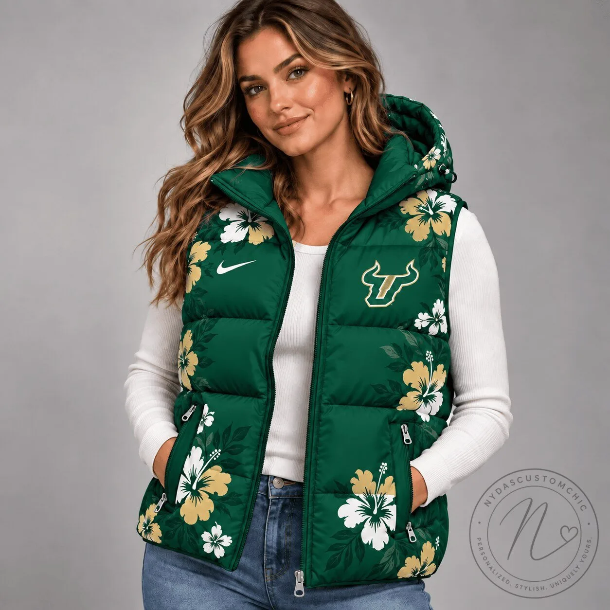 South Florida Bulls Floral Print Hooded Puffer Vest for Women 1 South Florida Bulls Floral Print Hooded Puffer Vest for Women