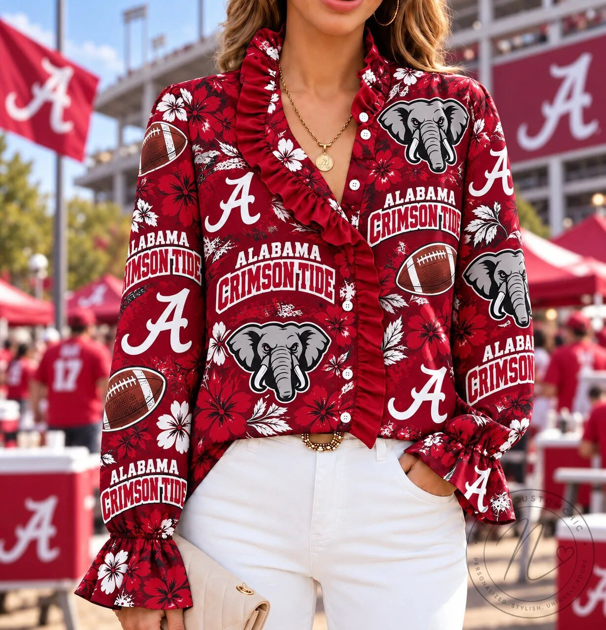 Alabama Crimson Tide Floral Ruffle Long-Sleeve Button-Down Shirt