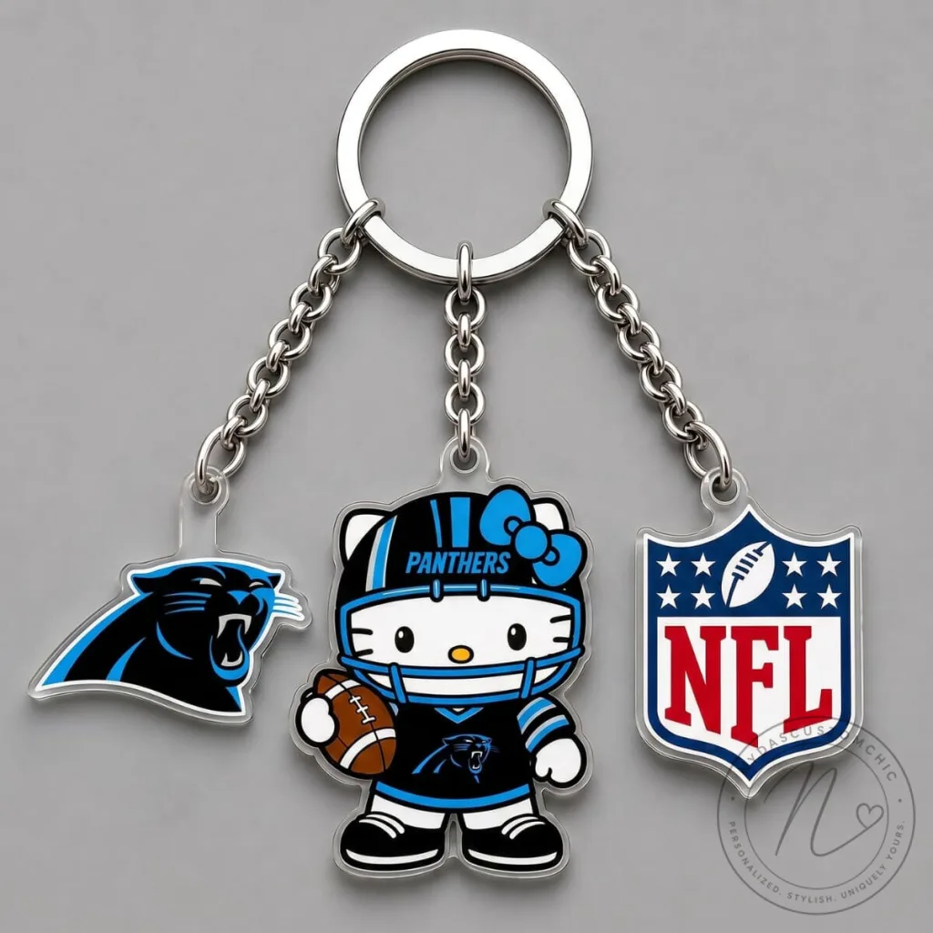 Carolina Panthers Hello Kitty NFL Football Triple Charm Keychain Carolina Panthers Hello Kitty NFL Football Triple Charm Keychain