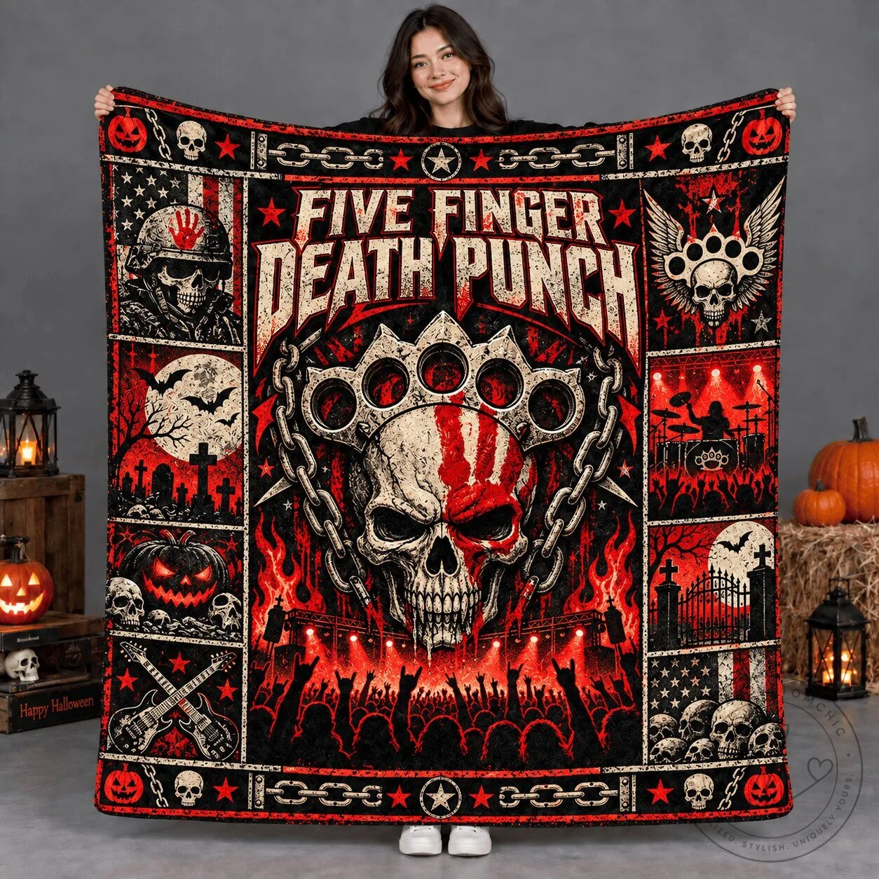 Five Finger Death Punch Skull and Brass Knuckles Fleece Blanket 5 Five Finger Death Punch Skull and Brass Knuckles Fleece Blanket