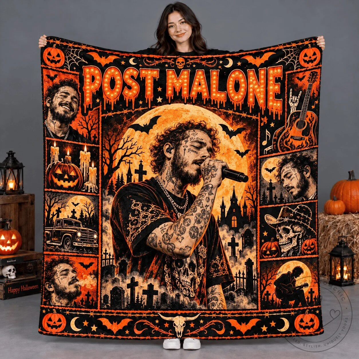 Post Malone Halloween Portrait and Pumpkins Fleece Blanket