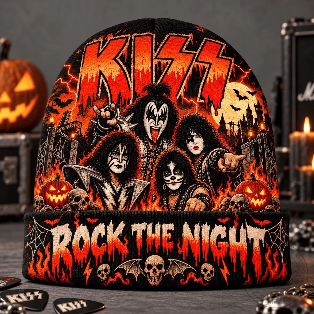 Kiss Band Rock The Night Halloween Flames Graphic Print Knit Beanie Kiss Band Rock The Night Halloween Flames Graphic Print Knit Beanie