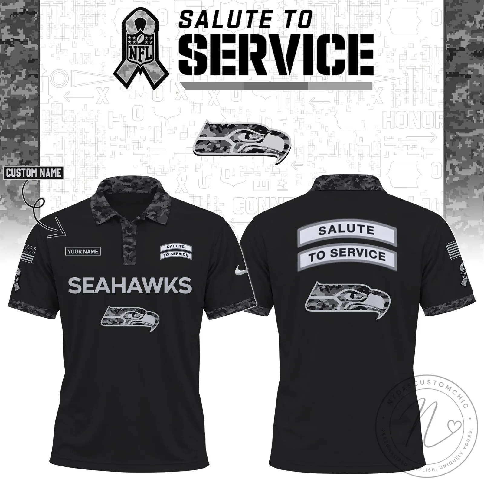Seattle Seahawks Salute To Service Black Digital Camo Polo Shirt
