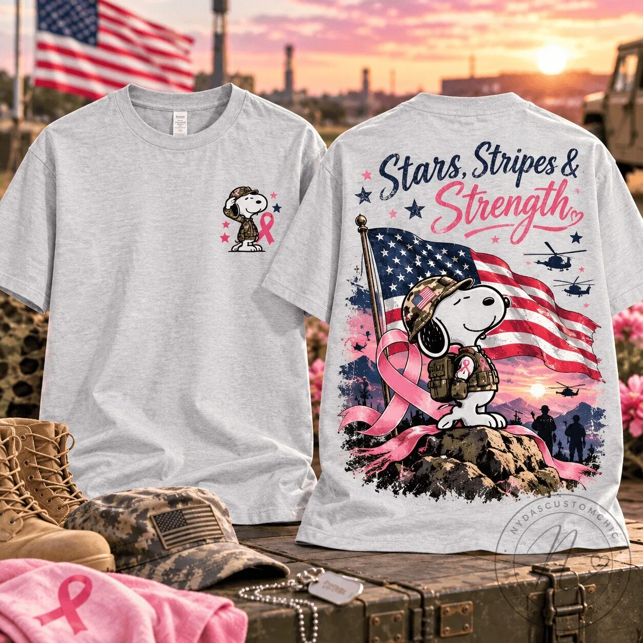 Snoopy Military Soldier Breast Cancer Awareness American Flag T-Shirt