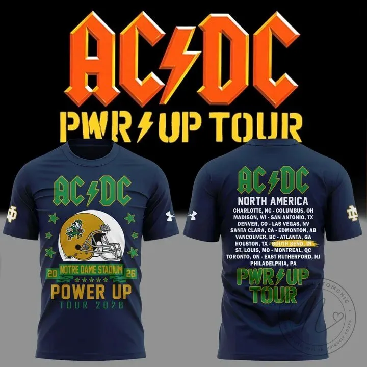 AC/DC Power Up Tour 2026 Concert T-Shirt featuring Notre Dame Football Graphics