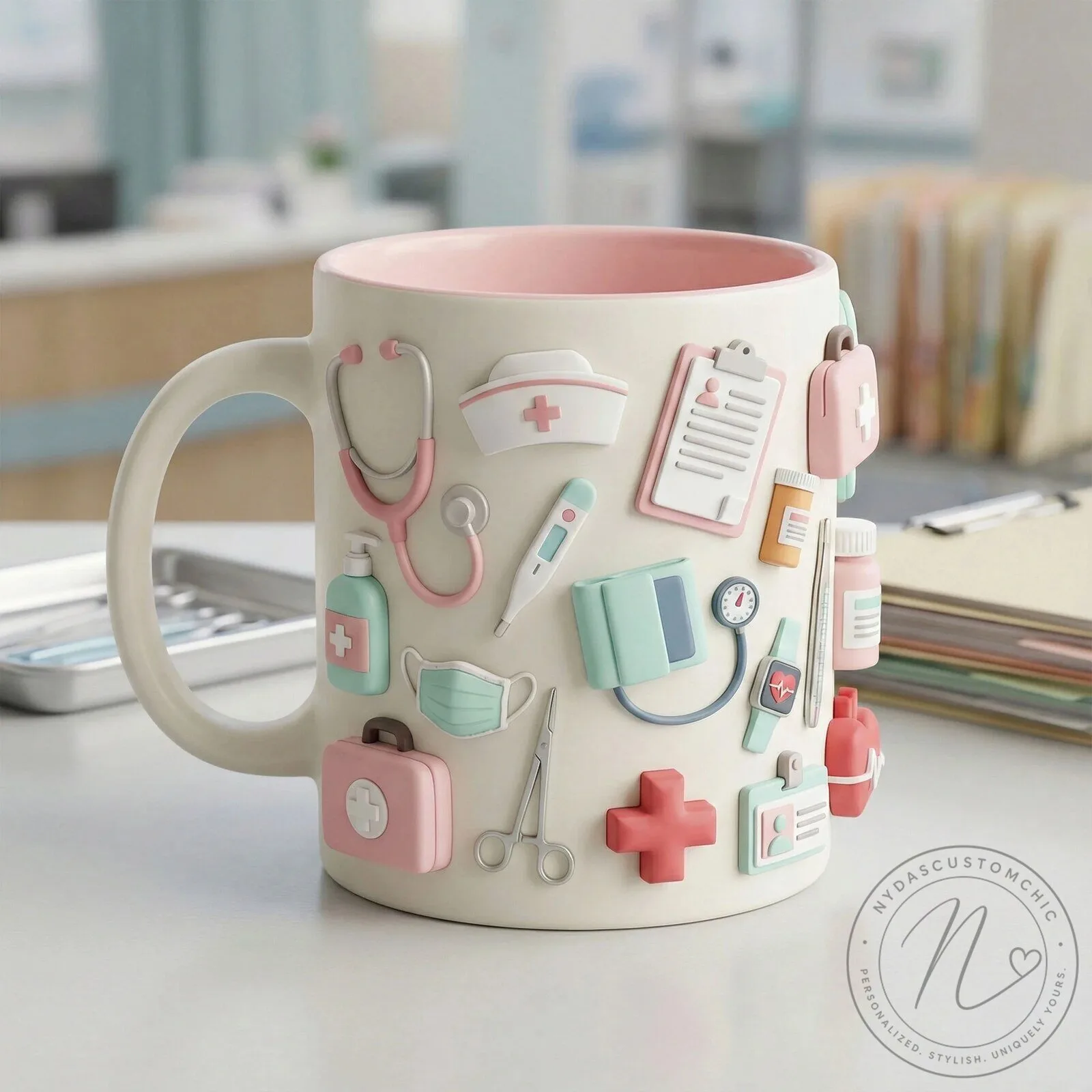 Nurse Medical Tools Pink Stethoscope White Ceramic Coffee Mug