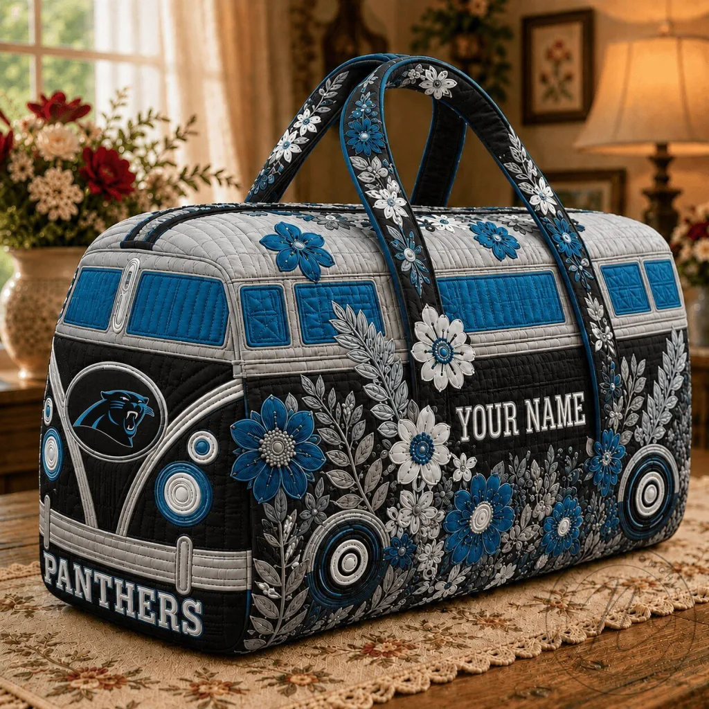 Carolina Panthers Floral Quilted Duffle Bag with Custom Name Carolina Panthers Floral Quilted Duffle Bag with Custom Name
