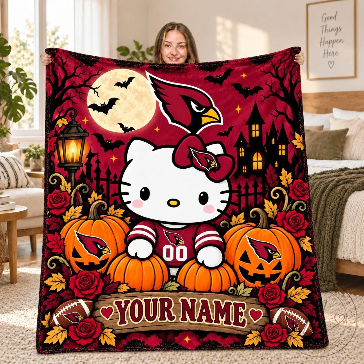 Hello Kitty Arizona Cardinals Halloween Moonlit Pumpkin Patch Blanket