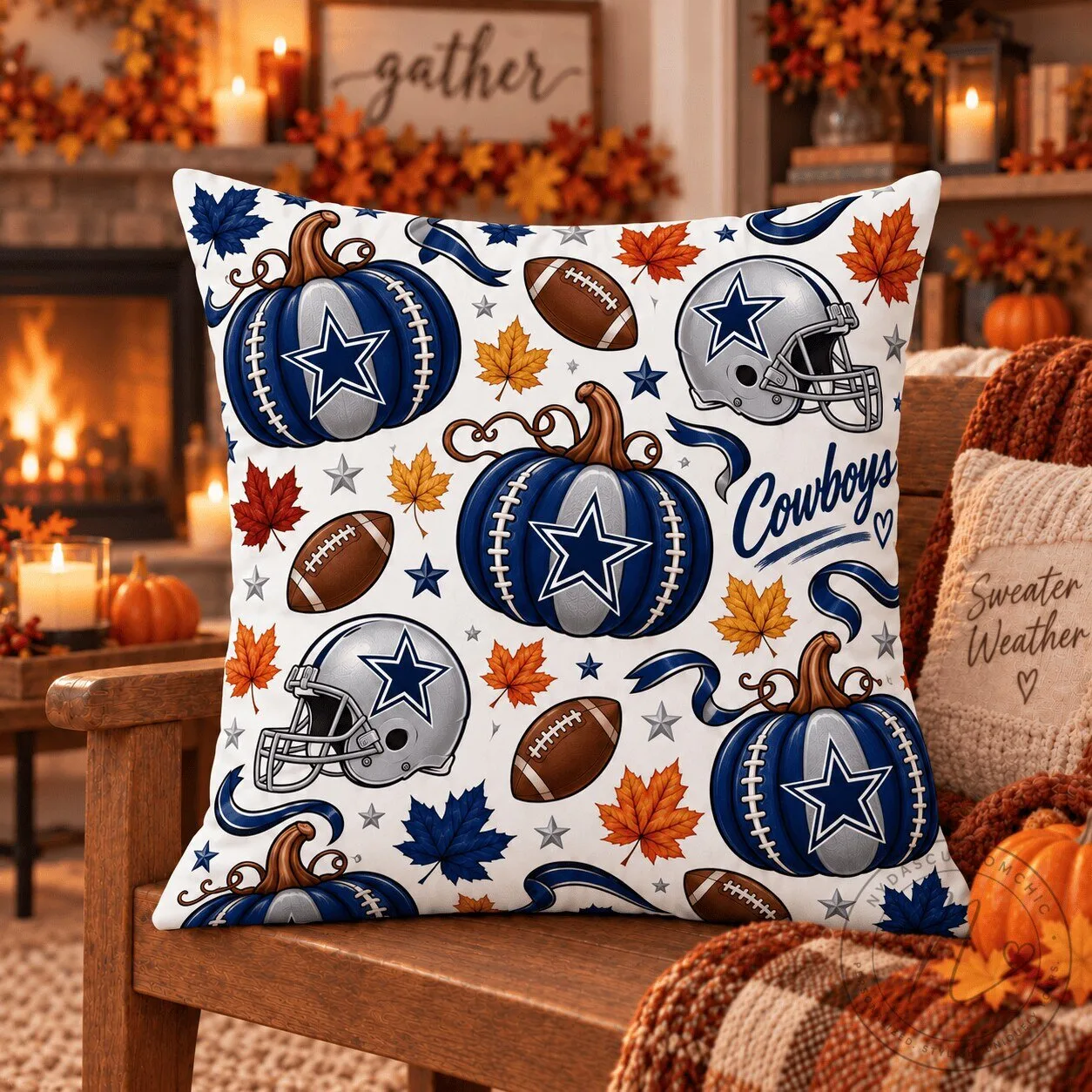 Dallas Cowboys Autumn Pumpkins Football Helmet Fall Leaves Pillow