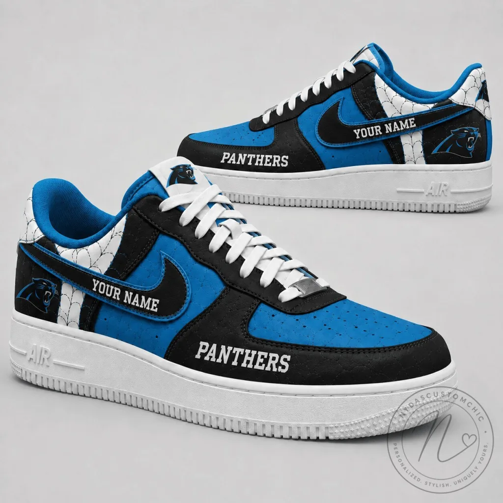 Carolina Panthers Personalized Blue and Black Team Logo Sneakers Carolina Panthers Personalized Blue and Black Team Logo Sneakers