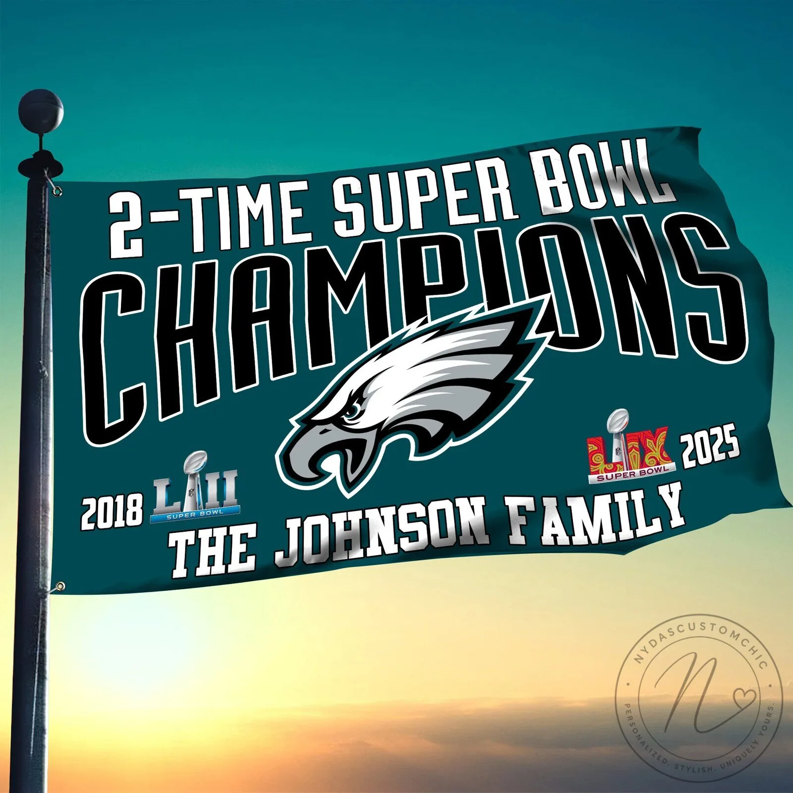 Philadelphia Eagles Two-Time Super Bowl Champions Custom Family Name Flag
