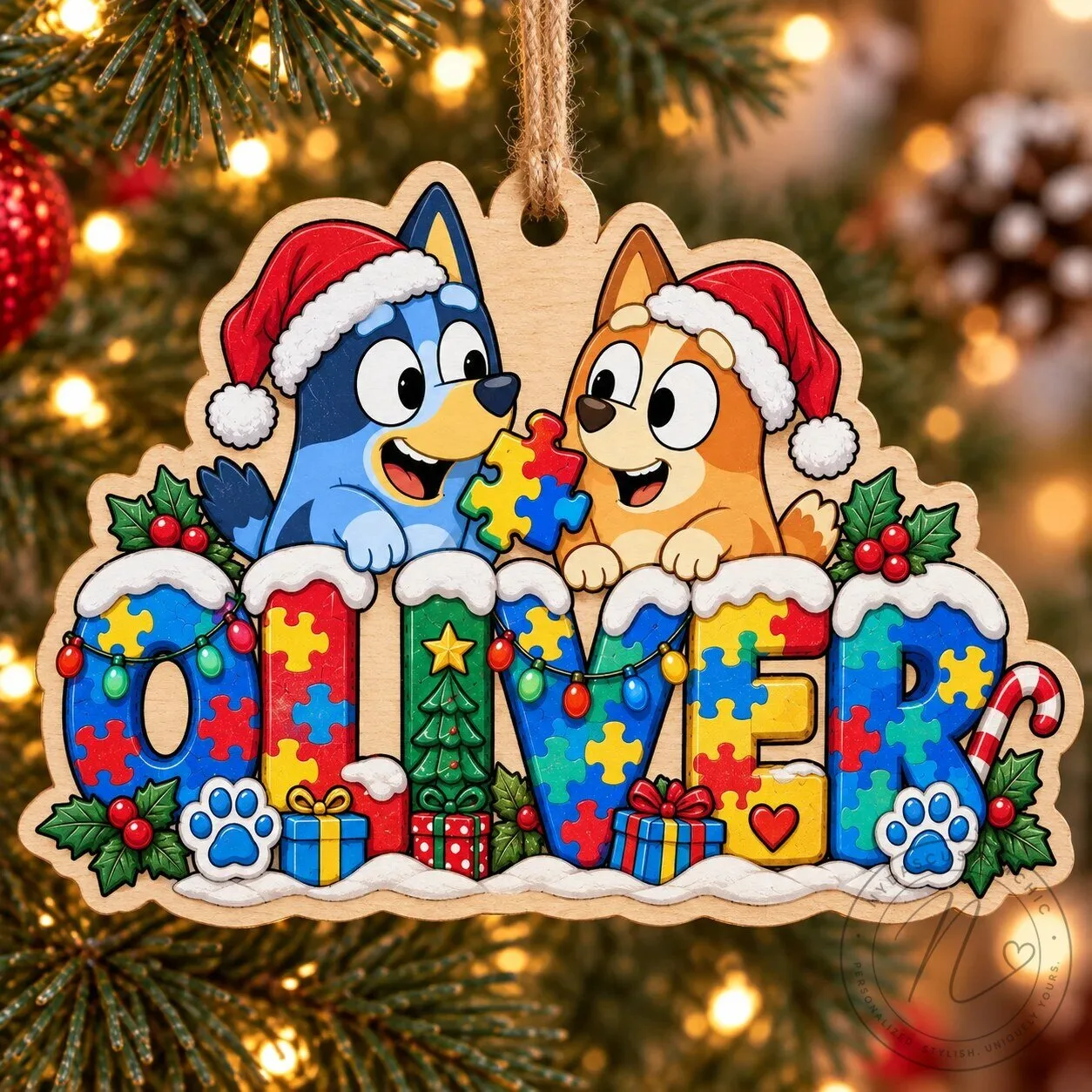 Bluey and Bingo Christmas Autism Awareness Personalized Wooden Ornament