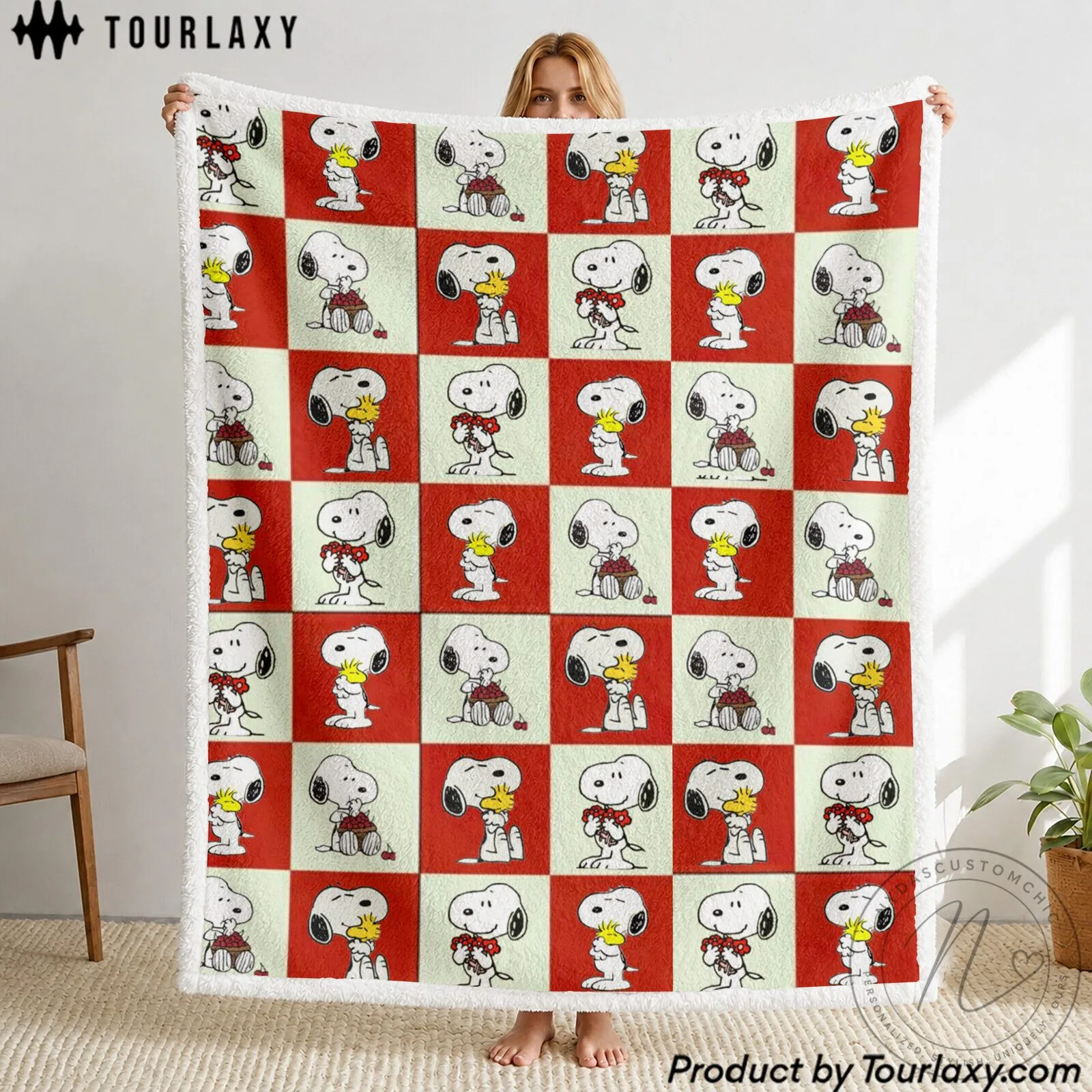 Snoopy and Woodstock Red Checkered Sherpa Fleece Blanket