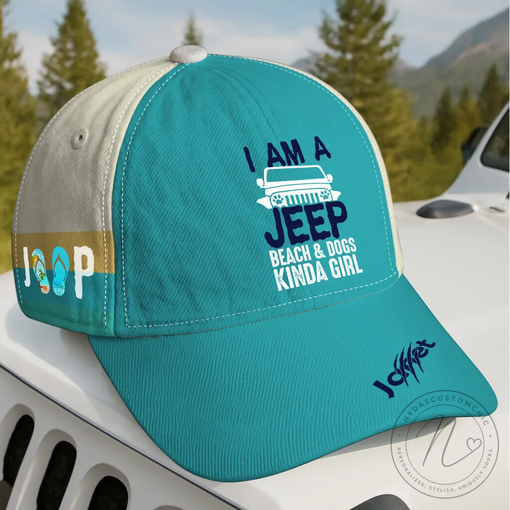 I Am A Jeep Beach And Dogs Kinda Girl Blue And White Cap Hat