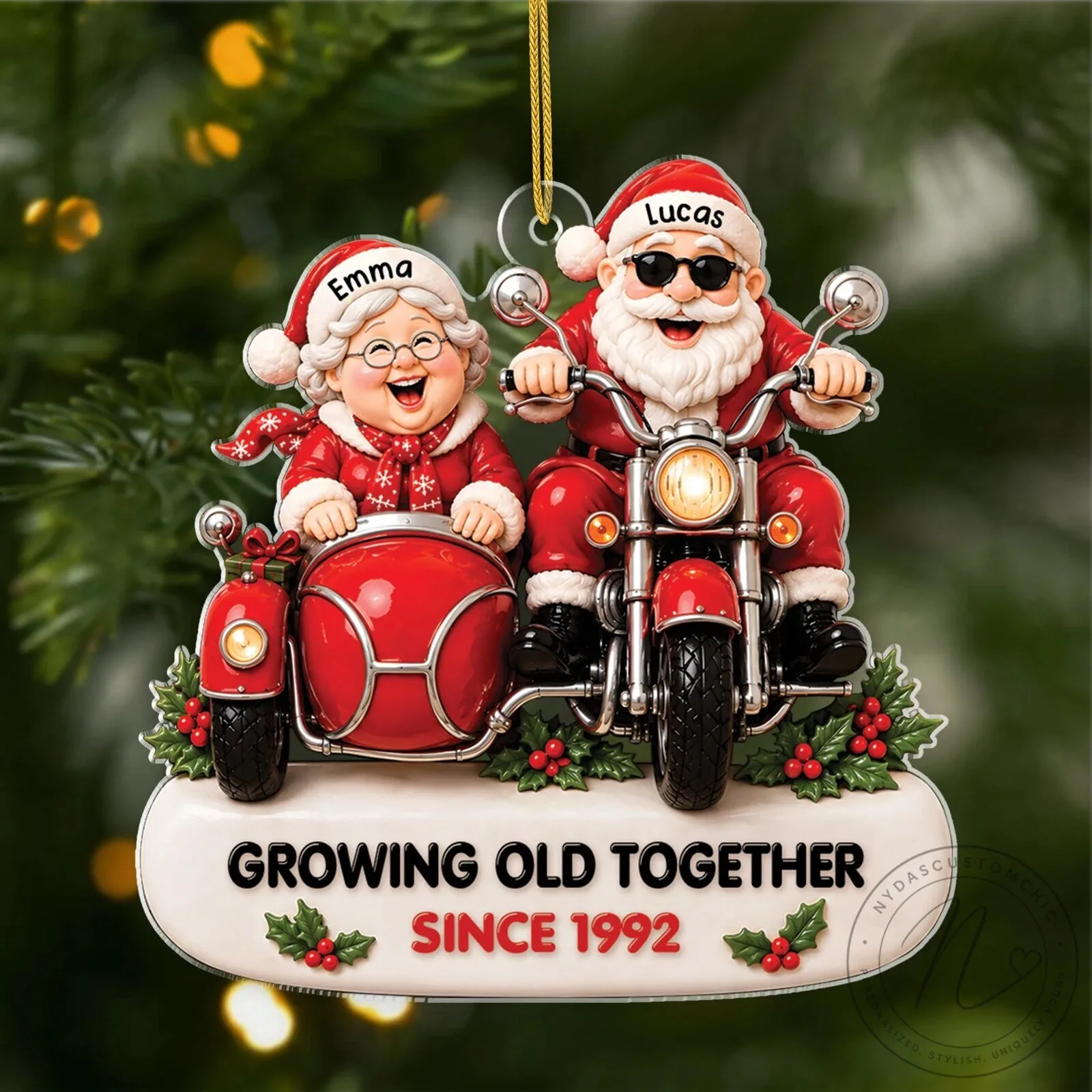 Personalized Biker Santa and Mrs Claus Growing Old Together Christmas Ornament