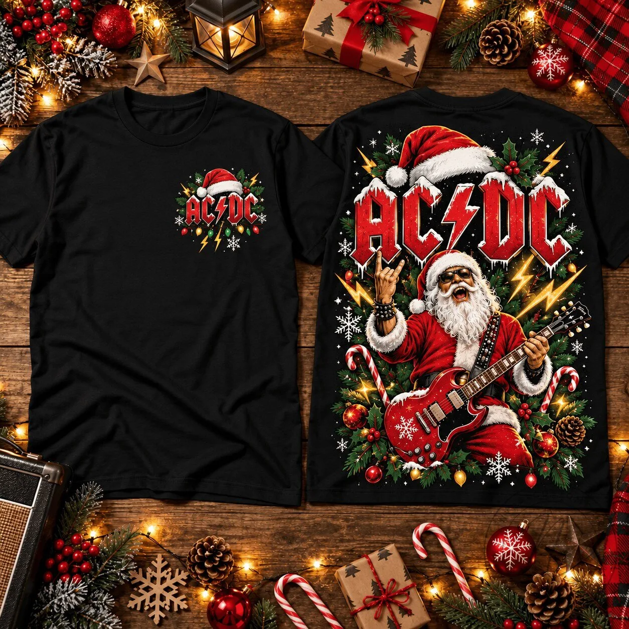 AC/DC Christmas Santa Claus Rock and Roll Holiday T-Shirt 1 AC/DC Christmas Santa Claus Rock and Roll Holiday T-Shirt