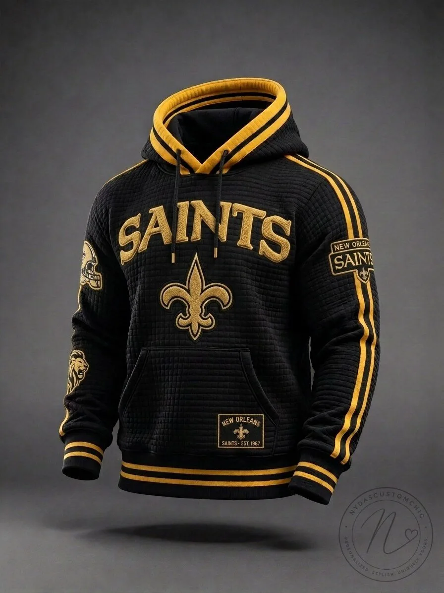 New Orleans Saints Black Gold Textured Quilted Drawstring Hoodie