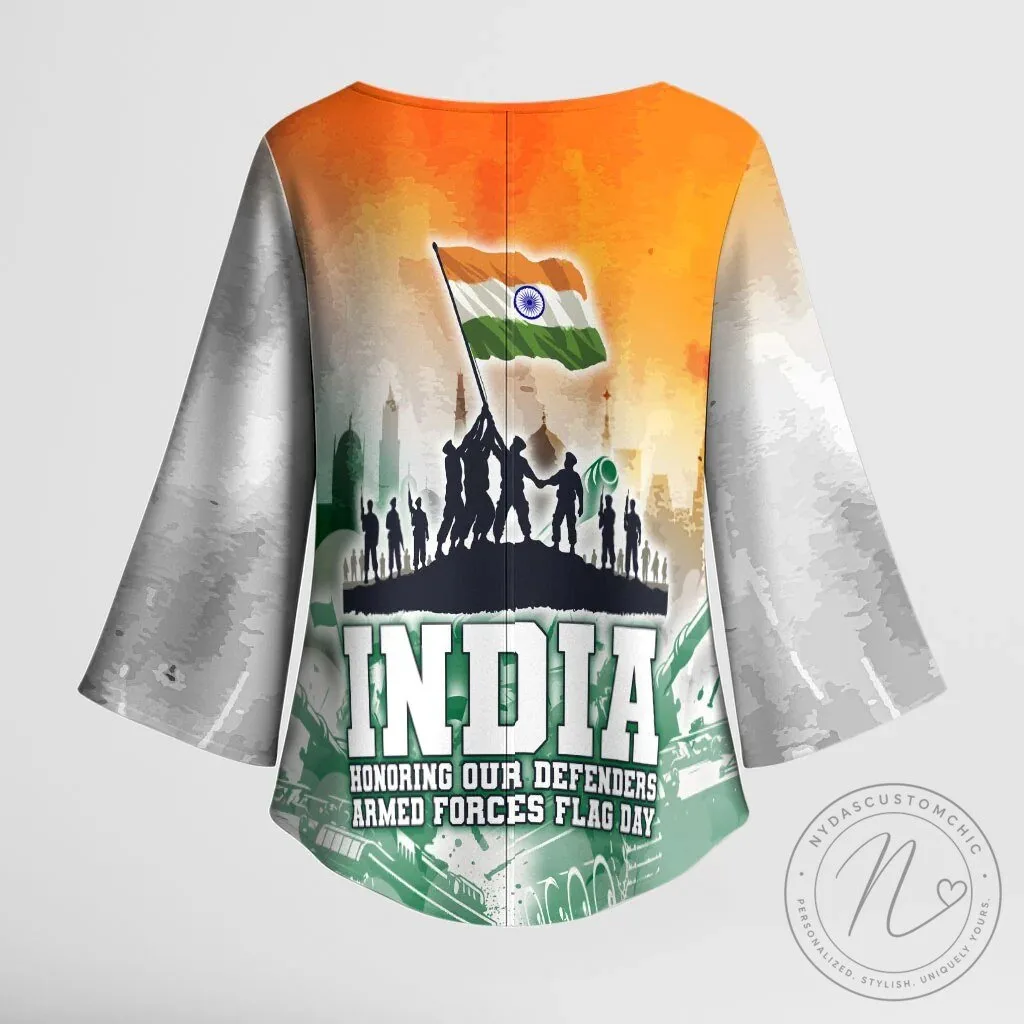 India Armed Forces Flag Day Kimono Sleeve Blouse Military Indian Flag Silhouette 10 India Armed Forces Flag Day Kimono Sleeve Blouse Military Indian Flag Silhouette