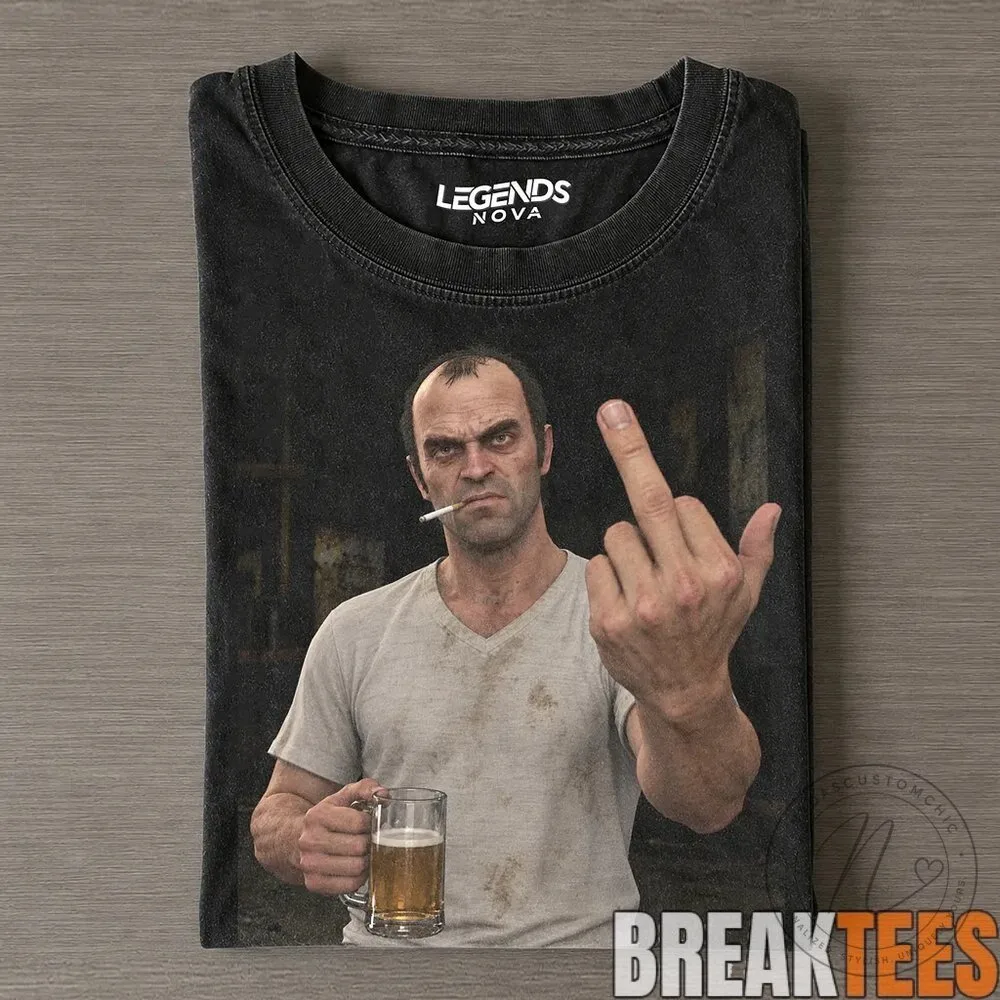 Grand Theft Auto V Trevor Philips Middle Finger Smoking Beer Video Game T-Shirt