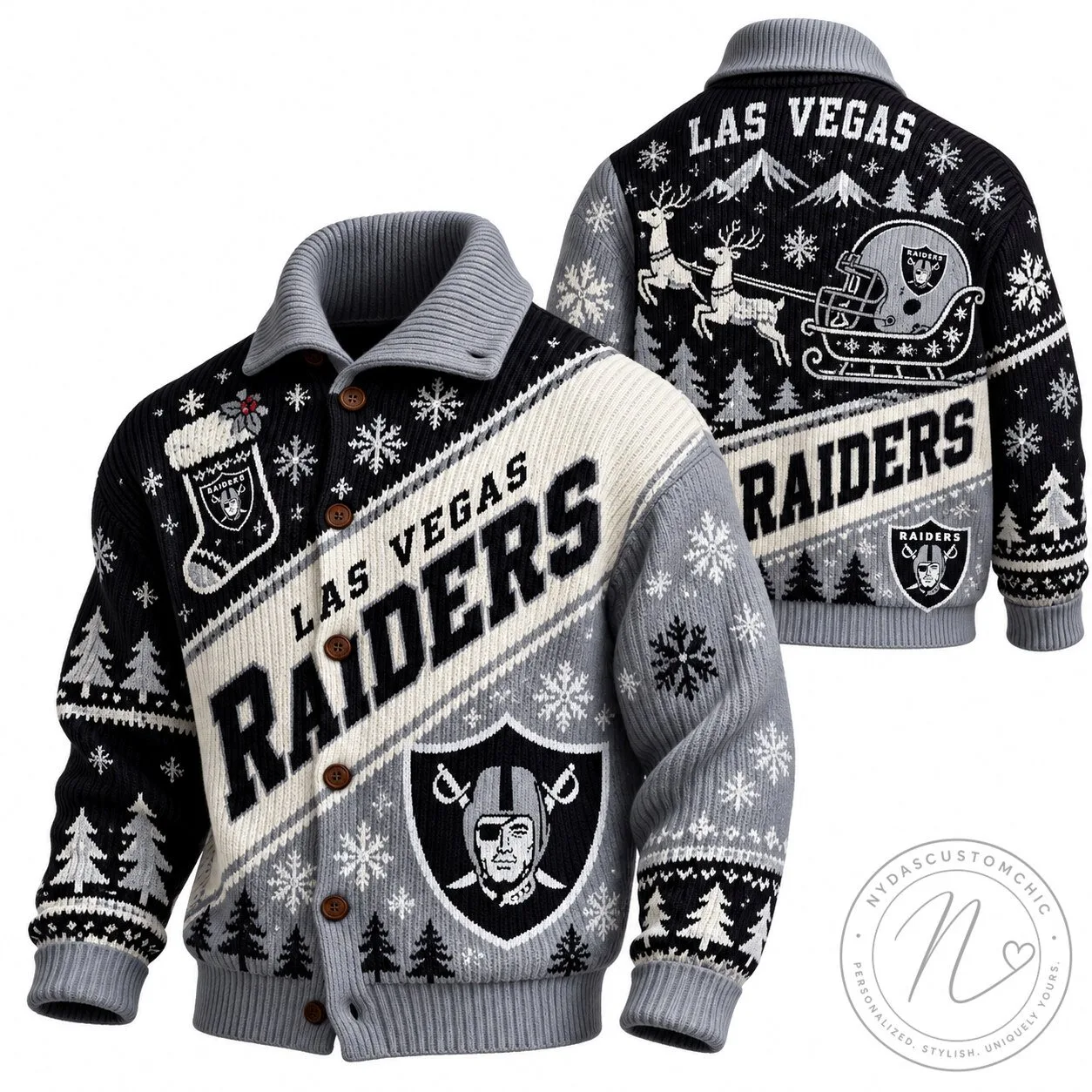 Las Vegas Raiders Christmas Holiday Ugly Sweater Knit Cardigan