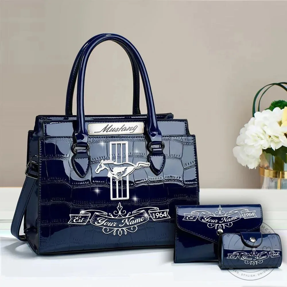 Ford Mustang Custom Name Deluxe Leather Handbag Set For Women