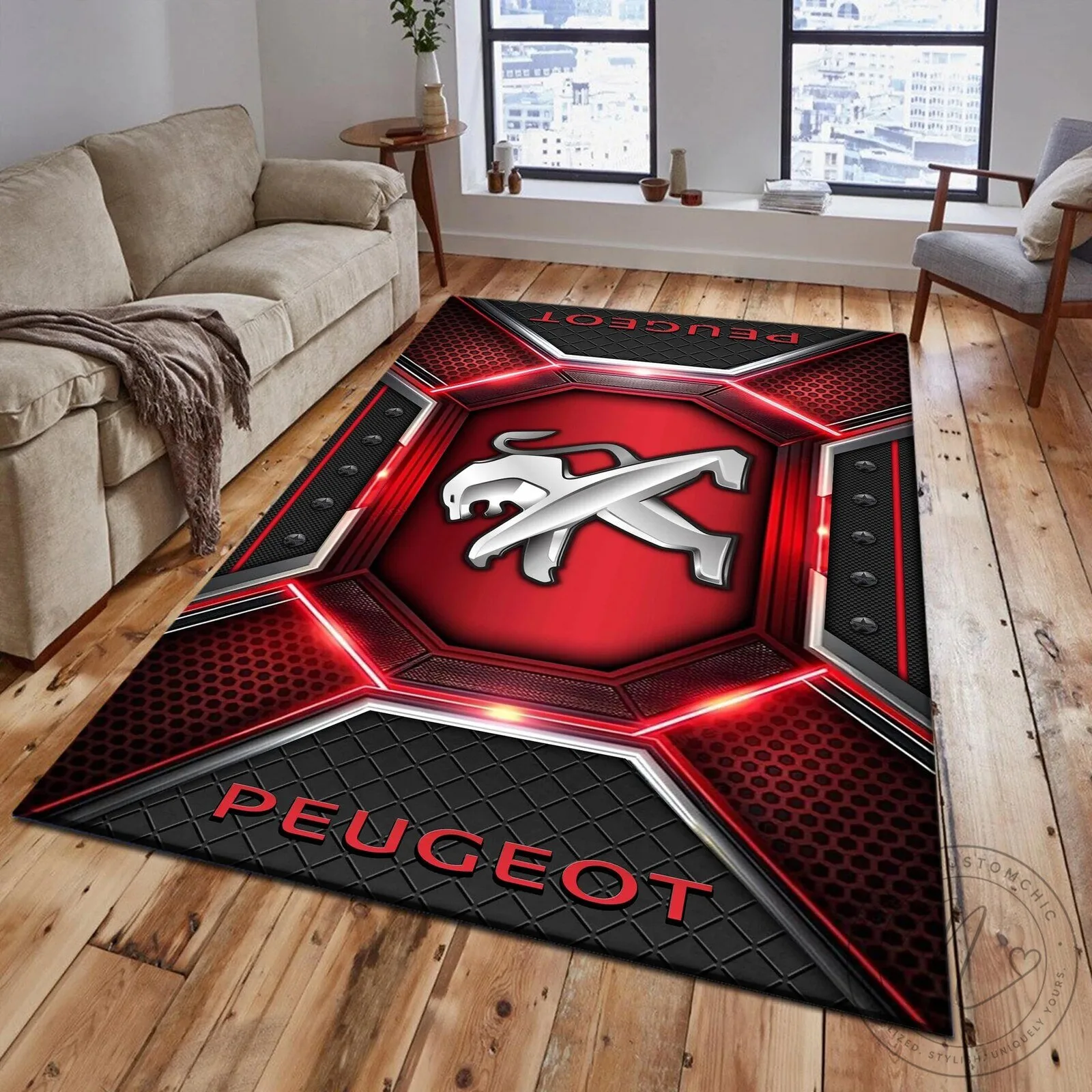 Peugeot Car Logo Red and Black Geometric Pattern Area Rug