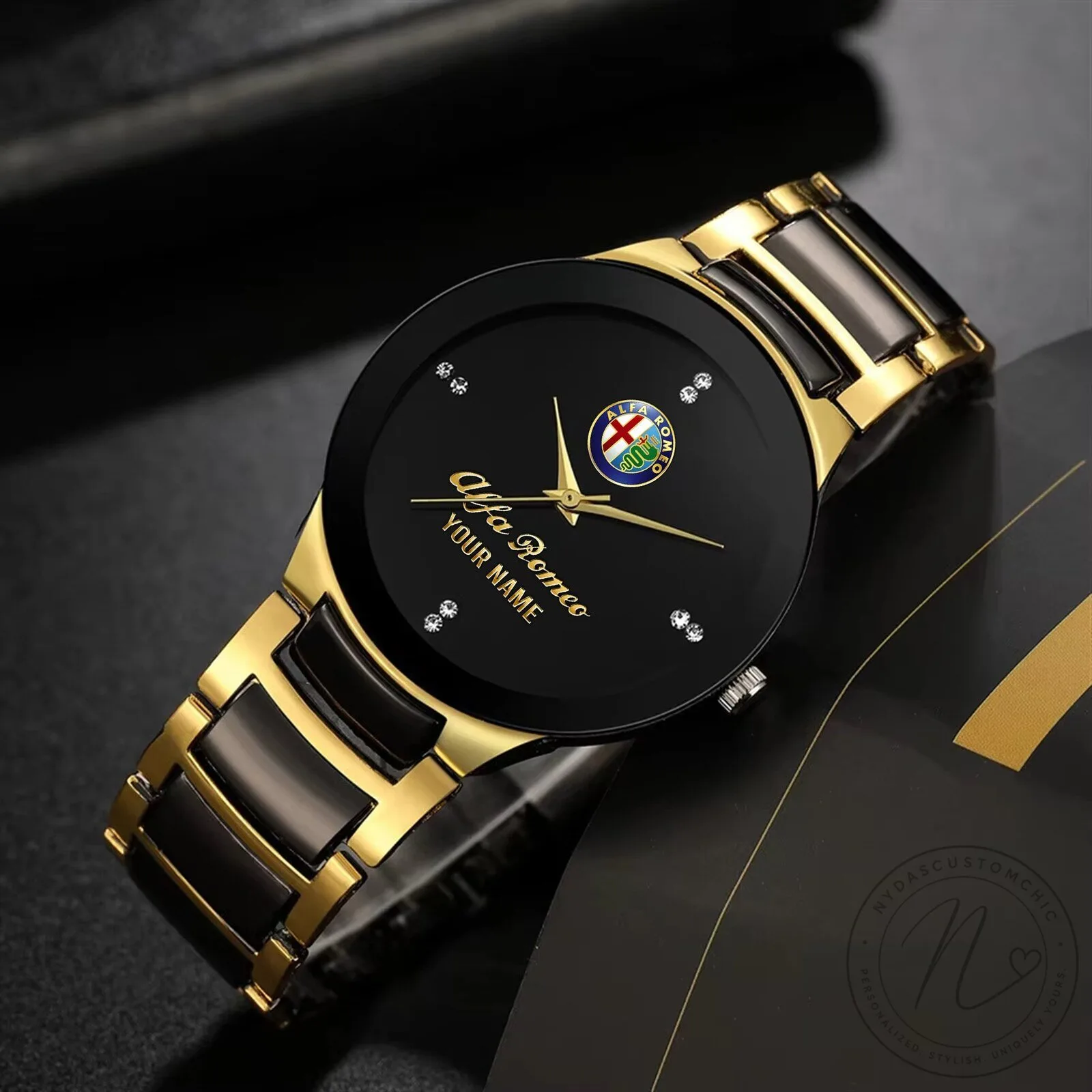Alfa Romeo Custom Name Gold and Black Casual Fashion Quartz Watch 3 Alfa Romeo Custom Name Gold and Black Casual Fashion Quartz Watch