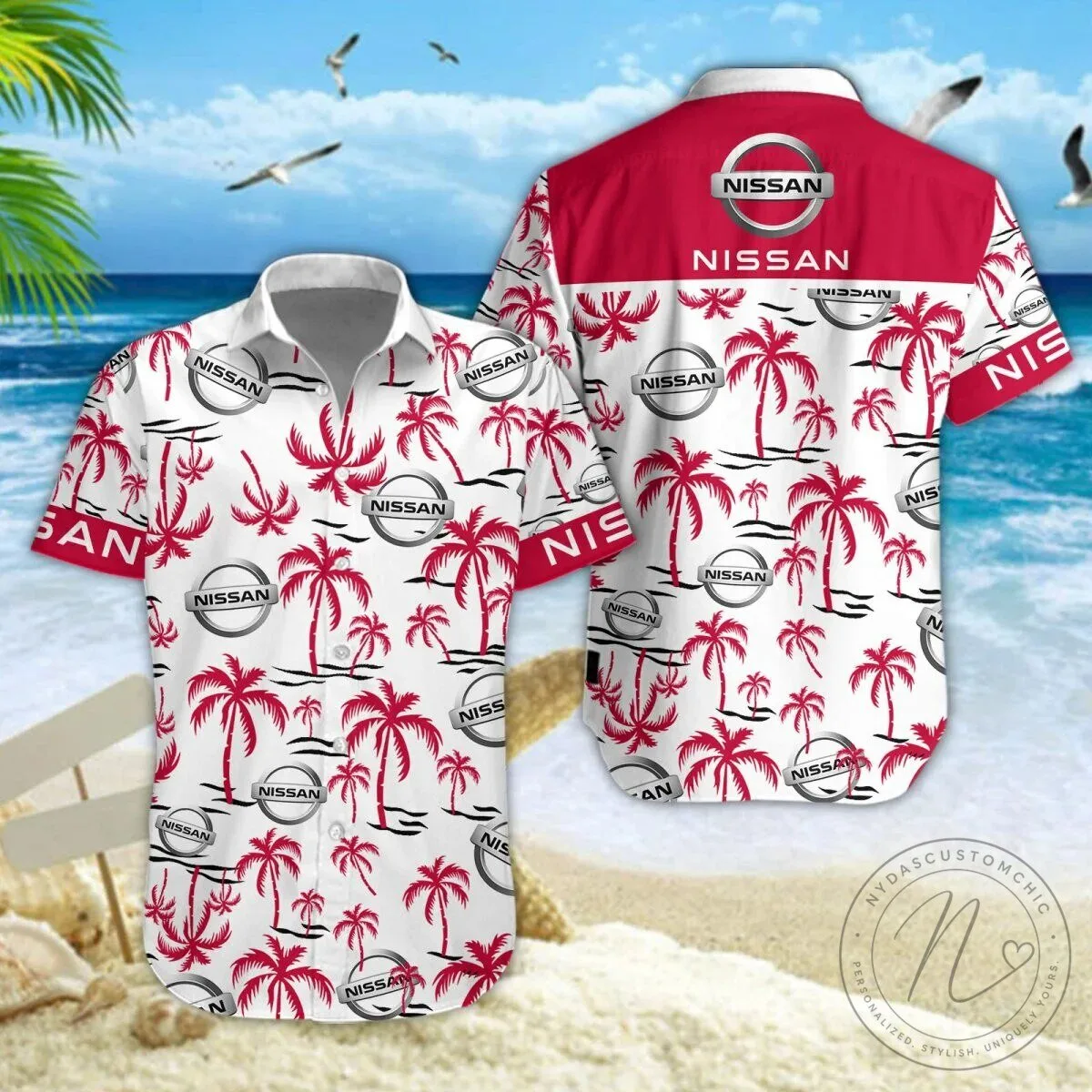 Nissan Red Palm Tree Tropical Summer Beach Hawaiian Shirt
