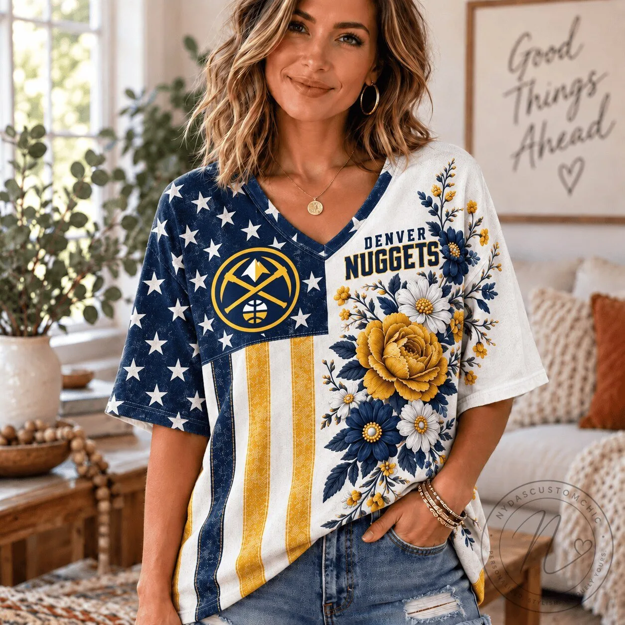 Denver Nuggets NBA Fan Shirt for Women, Patriotic Floral V-Neck T-Shirt