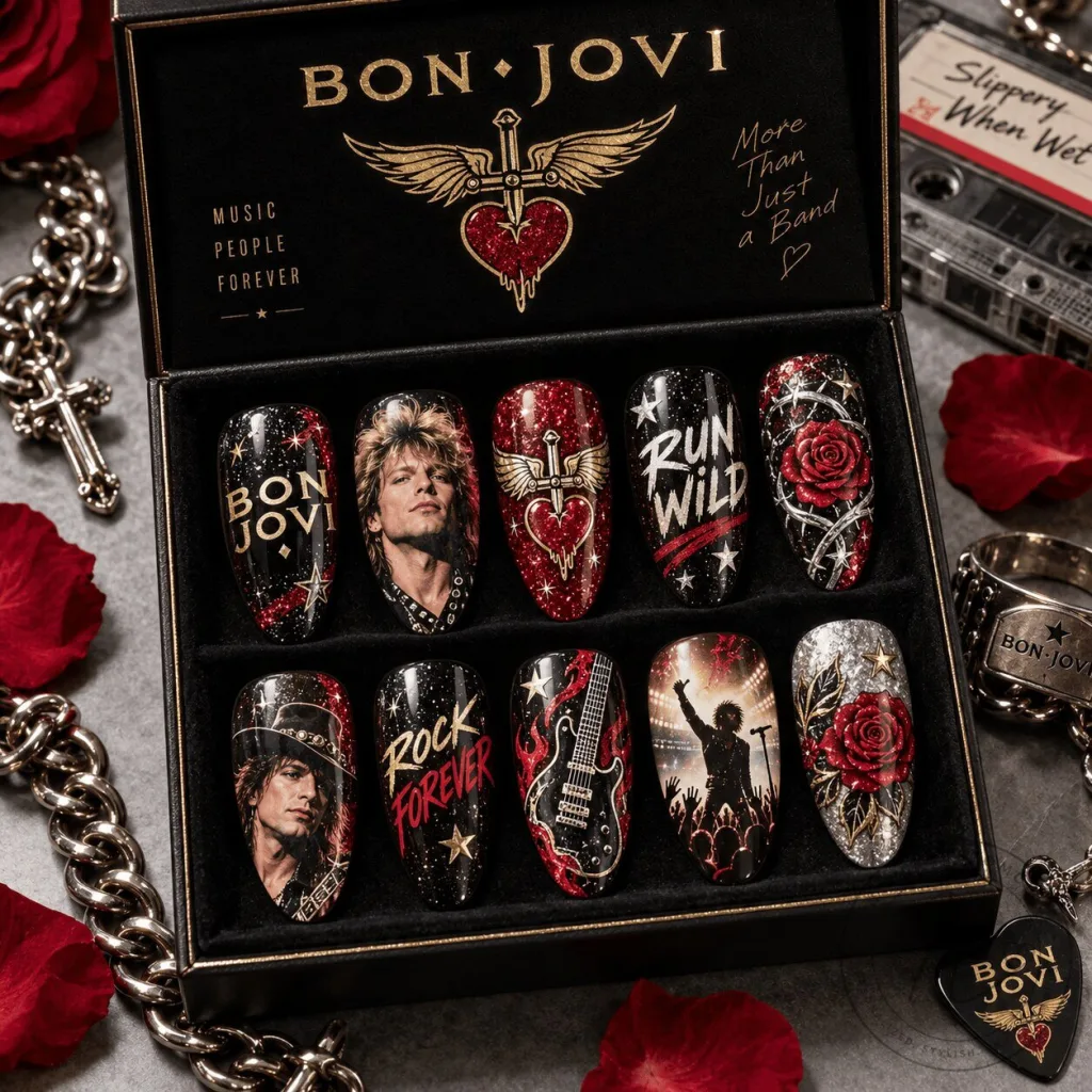 Bon Jovi Winged Heart and Rose Portrait Glamour Press-On Nails Set Bon Jovi Winged Heart and Rose Portrait Glamour Press-On Nails Set