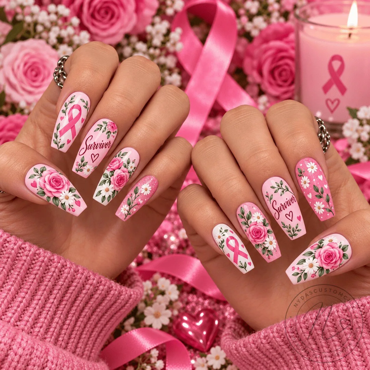 Pink Floral Breast Cancer Awareness Survivor Press-On Nails Set