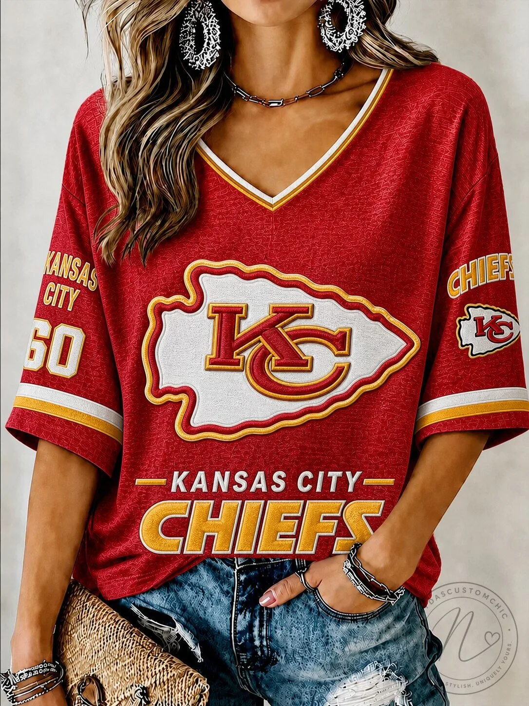 Kansas City Chiefs Football Team Red V-Neck Short Sleeve Women's T-Shirt