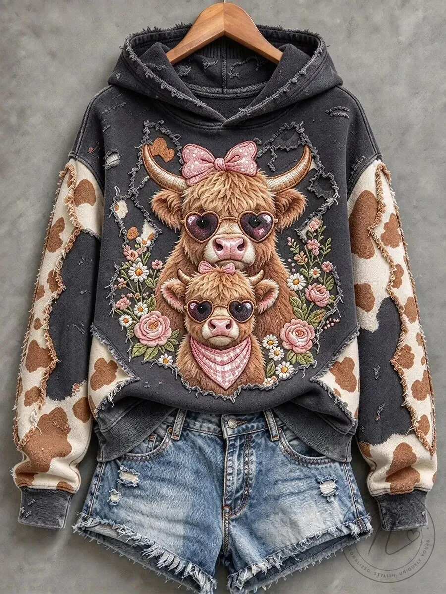 Cute Highland Cow Mother and Baby Distressed Hoodie with Floral Design