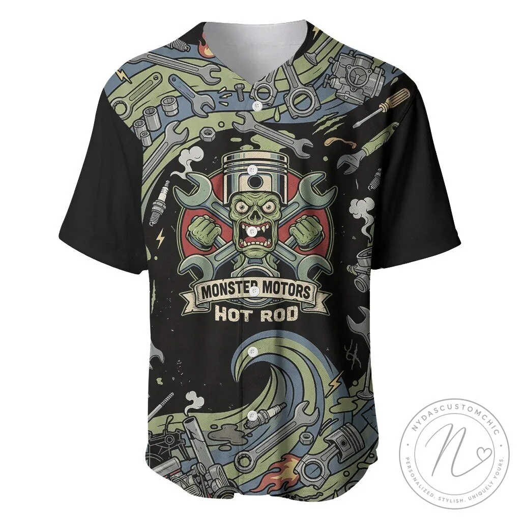 Monster Motors Hot Rod Zombie Mechanic Vintage Auto Tools Baseball Jersey 13 Monster Motors Hot Rod Zombie Mechanic Vintage Auto Tools Baseball Jersey