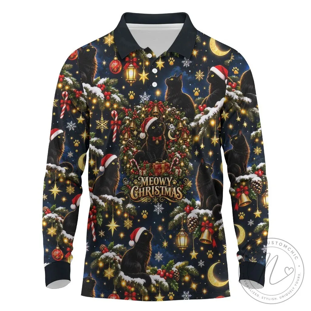 Black Cat Meowy Christmas Long Sleeve Polo Shirt Festive Holiday Pattern