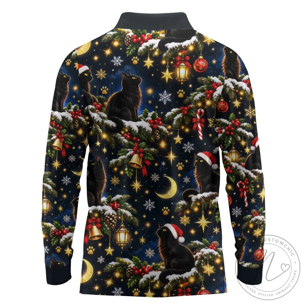 Black Cat Meowy Christmas Long Sleeve Polo Shirt Festive Holiday Pattern 7 Black Cat Meowy Christmas Long Sleeve Polo Shirt Festive Holiday Pattern