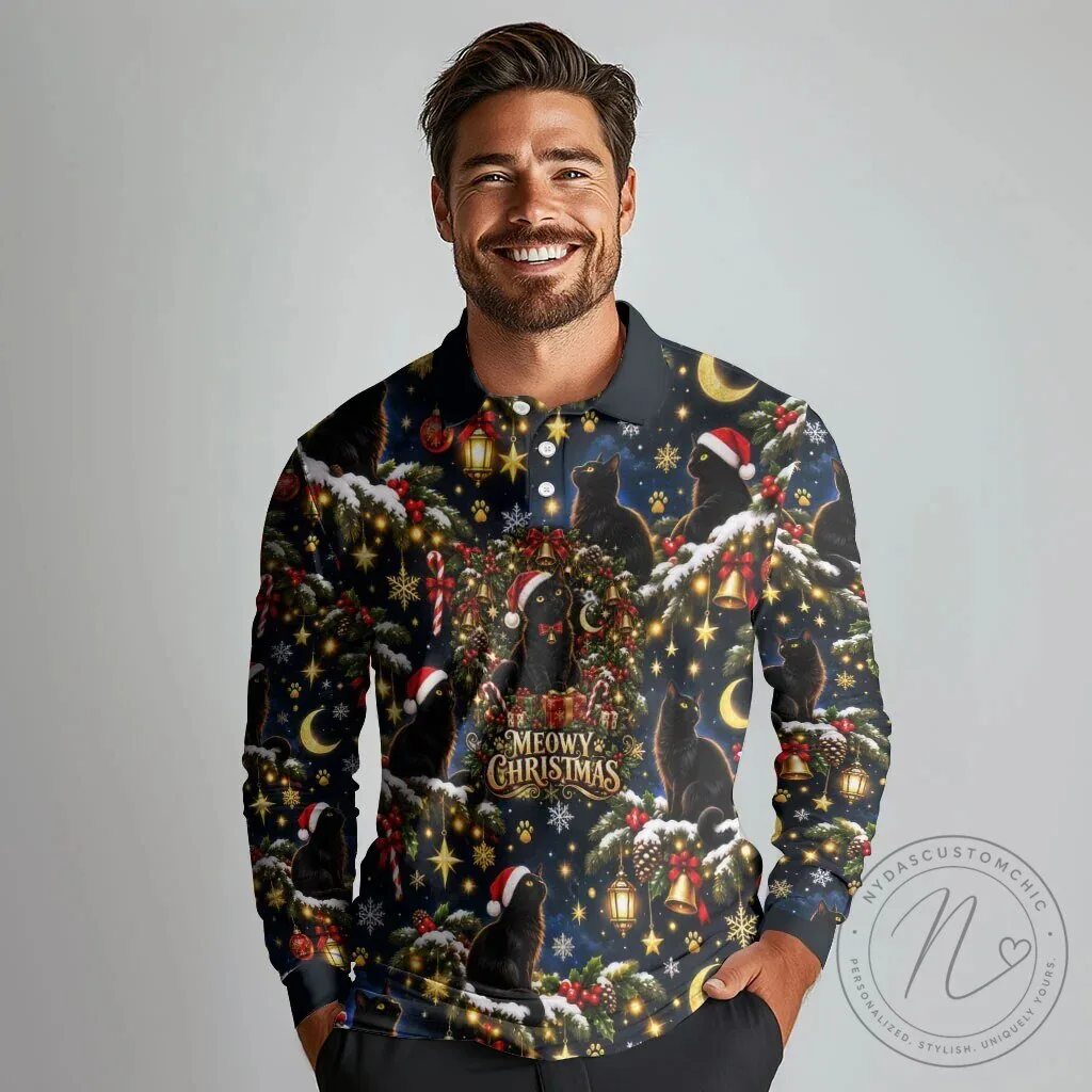 Black Cat Meowy Christmas Long Sleeve Polo Shirt Festive Holiday Pattern 8 Black Cat Meowy Christmas Long Sleeve Polo Shirt Festive Holiday Pattern