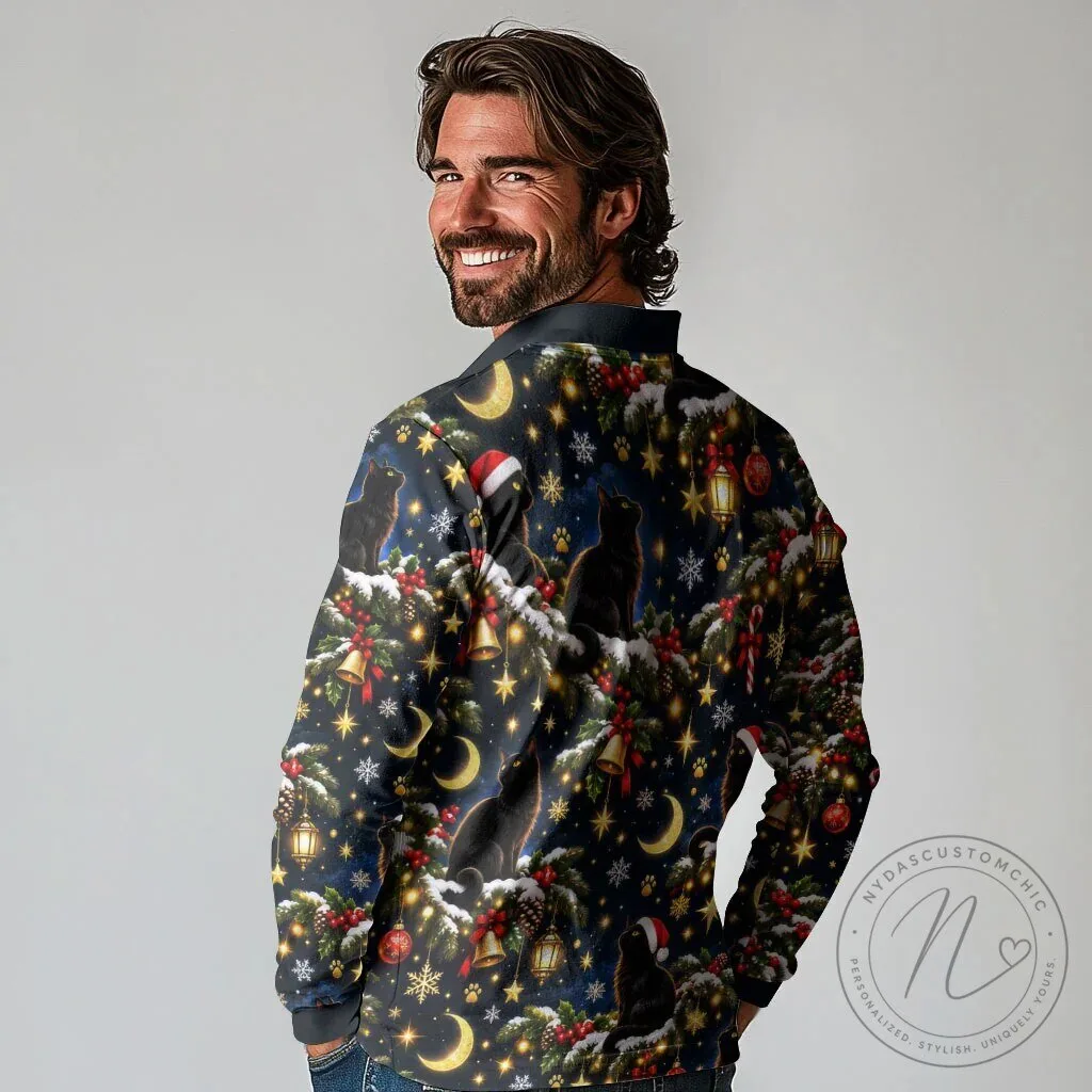 Black Cat Meowy Christmas Long Sleeve Polo Shirt Festive Holiday Pattern 9 Black Cat Meowy Christmas Long Sleeve Polo Shirt Festive Holiday Pattern