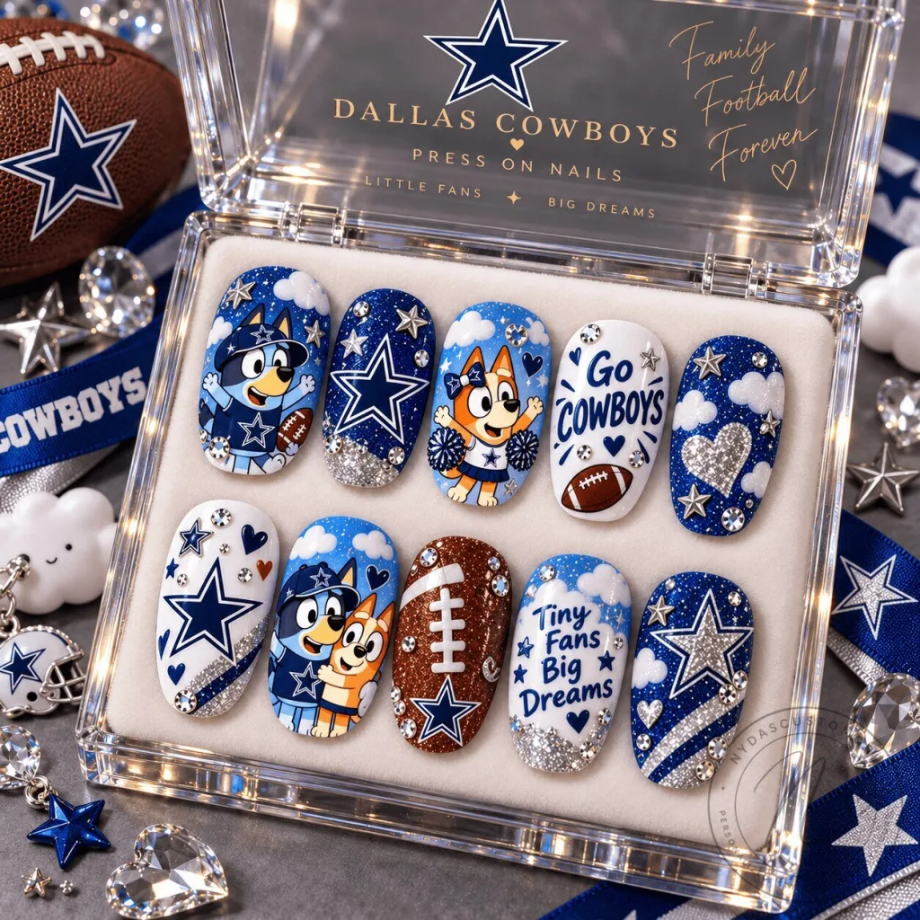 Dallas Cowboys Football Bluey Family Press-On Nails Set 32 Dallas Cowboys Football Bluey Family Press-On Nails Set